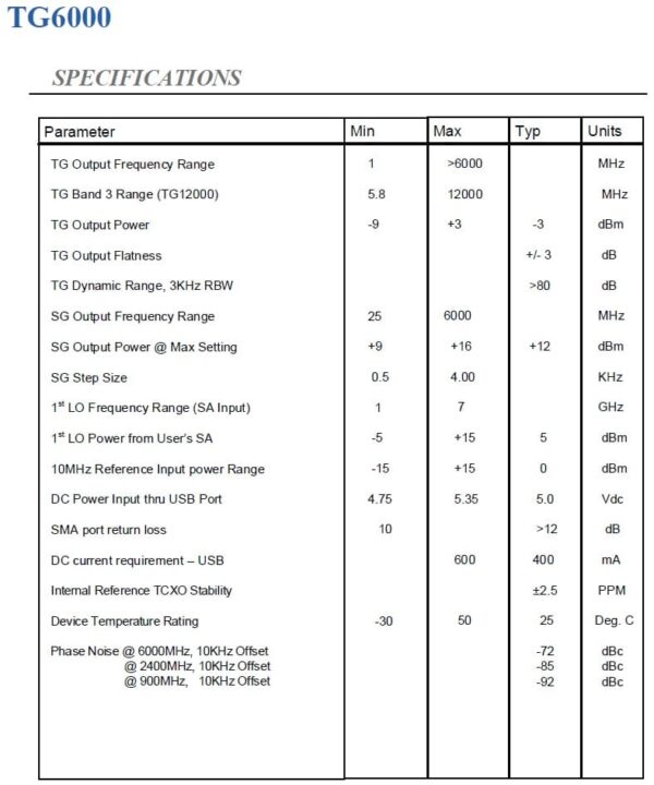 DS Instruments TG6000 6GHz Tracking Generator Specifications
