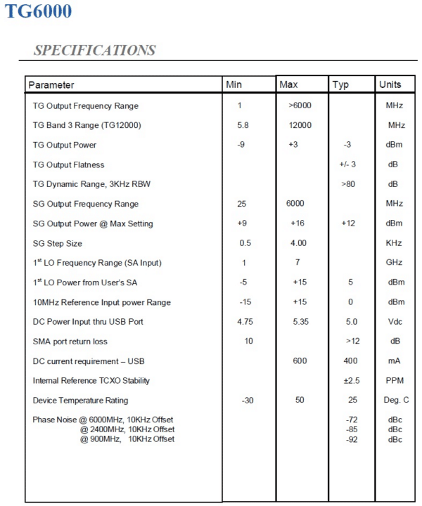 DS Instruments TG6000 6GHz Tracking Generator Specifications